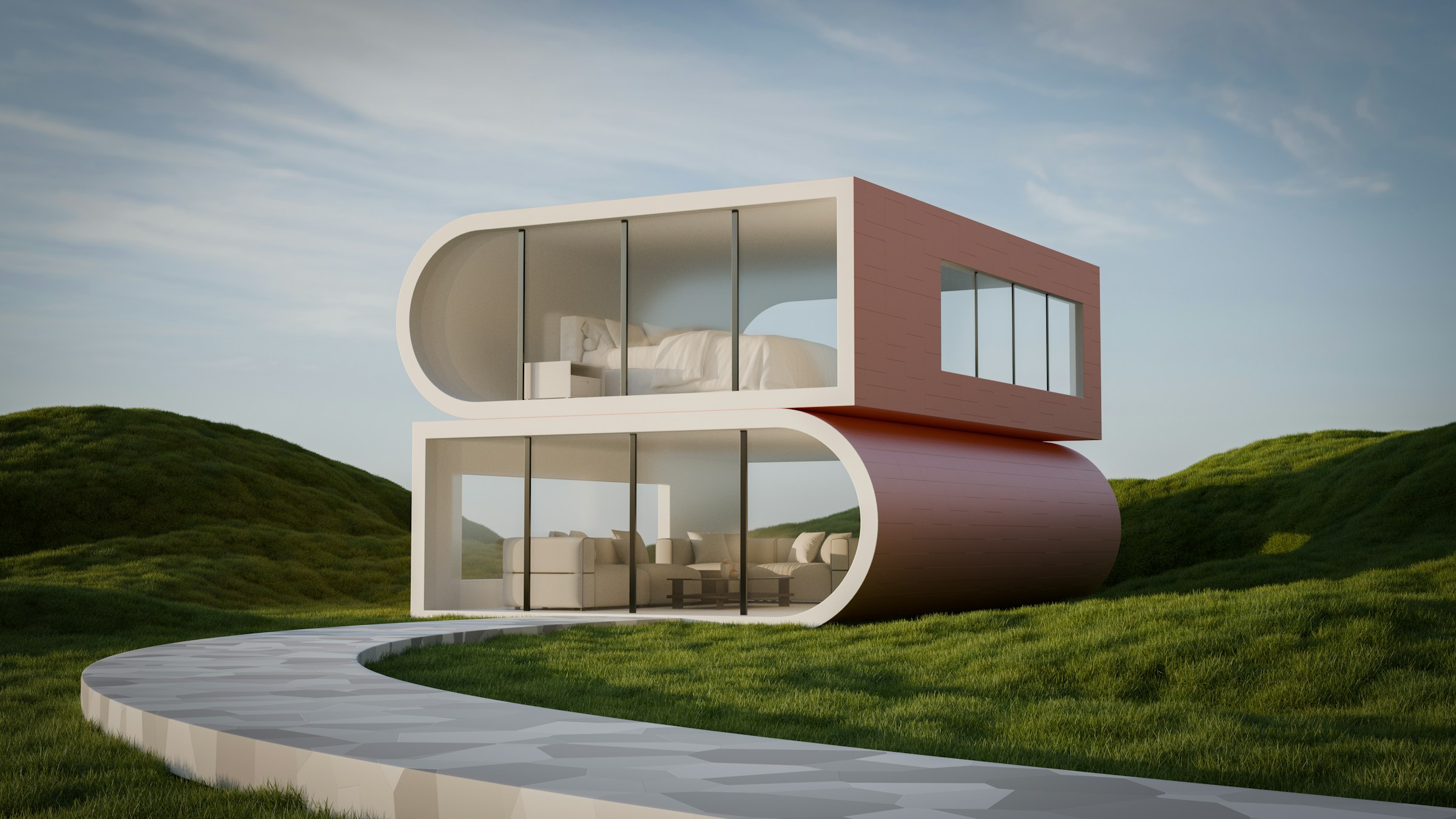 Curved Horizon - A futuristic residence with curved architecture blending with natural topography