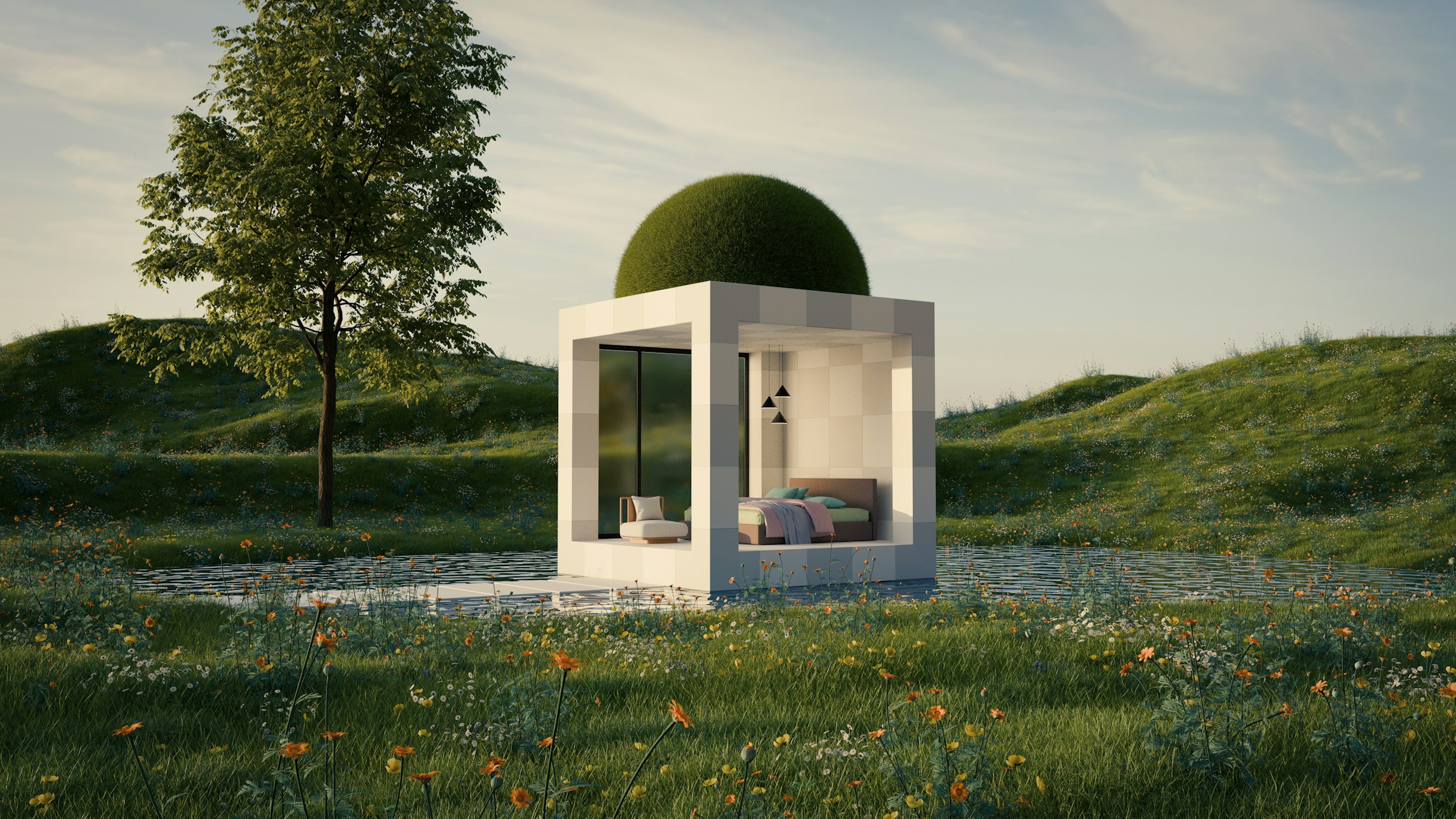 Moss Cube - A minimalist cube home with living moss dome combining architecture and ecology